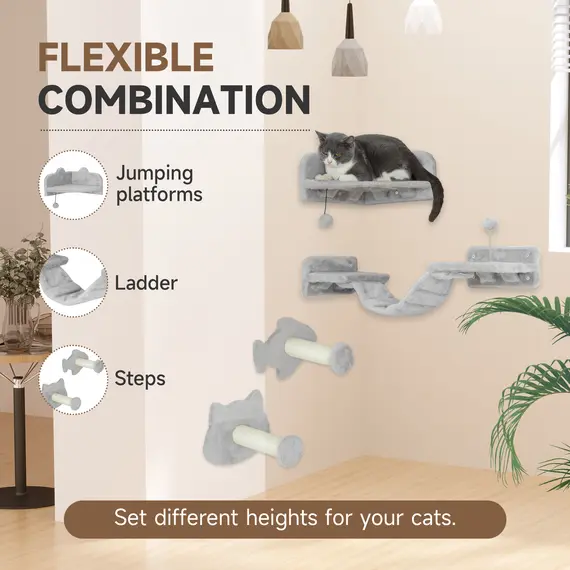 Buy 4-Piece Cat Wall Shelves with Steps, Ladder, Jumping Platforms, Light Grey, 5 image