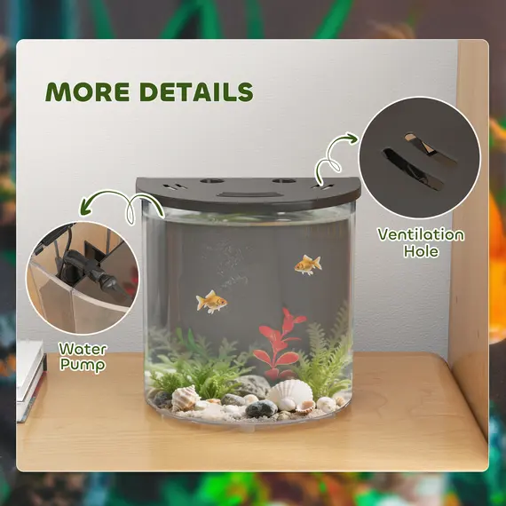 Buy 3L Small Fish Tank with Filter System, LED Light, Small Fish Tank for Betta, Goldfish, Shrimp, Black, 7 image