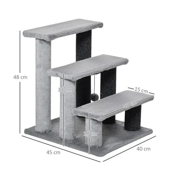 Buy 3-step Pet Stairs with Scratching Posts, Platforms, Toy Ball, Grey, 3 image