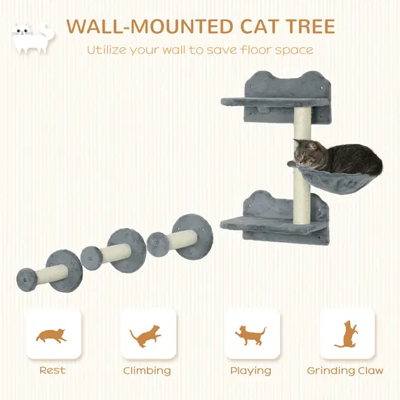 Buy 4 Piece Cat Shelf with Scratching Post, Wall-Mounted Cat Tree for Indoor Cat - Grey, 4 image