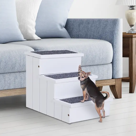 Buy 3 Step Wooden Dog Steps Pet Stairs for Dogs, Cat Ladder for Bed Couch with Storage White, 2 image