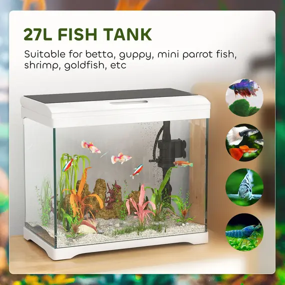 Buy 27L Glass Fish Tank with Filter System, LED Light, Water Pump, for Betta, Goldfish, Shrimps, White, 5 image