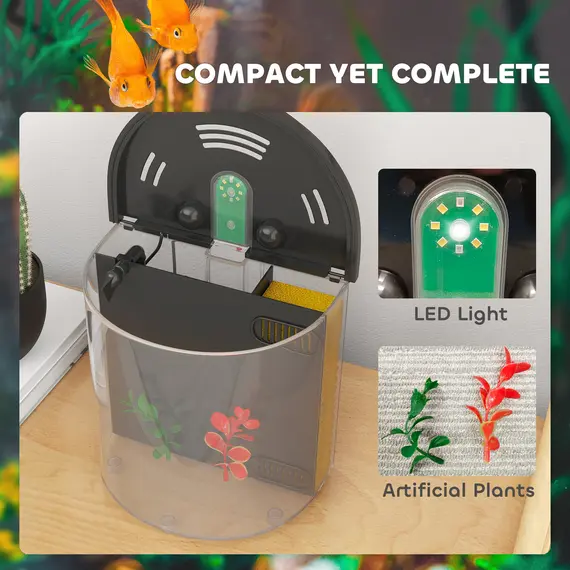 Buy 3L Small Fish Tank with Filter System, LED Light, Small Fish Tank for Betta, Goldfish, Shrimp, Black, 6 image