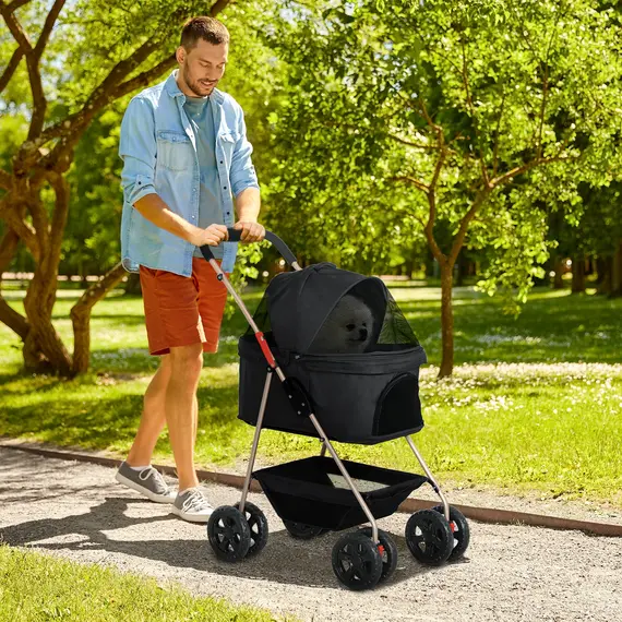 Buy 3 in 1 Pet Stroller, Folding 4 Wheels Dog Pram with Detachable Carrier for Mini Dogs Cats, Black, 2 image