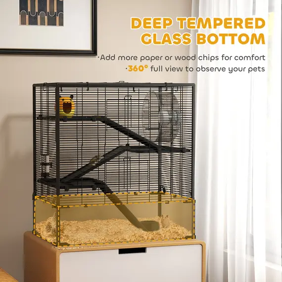 Buy 4 Tiers Hamster Cage with Deep Tempered Glass Bottom, Hut, Running Wheel, Food Dish, Water Bottle, 78.5 x 48.5 x 80cm, 4 image