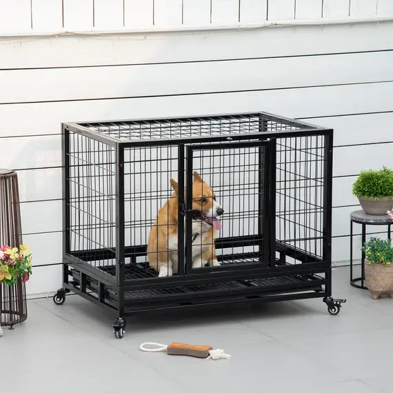 Buy 36" Heavy Duty Metal Dog Crate Pet Cage with Tray Wheeled Dog Kennel - Black (Medium), 2 image