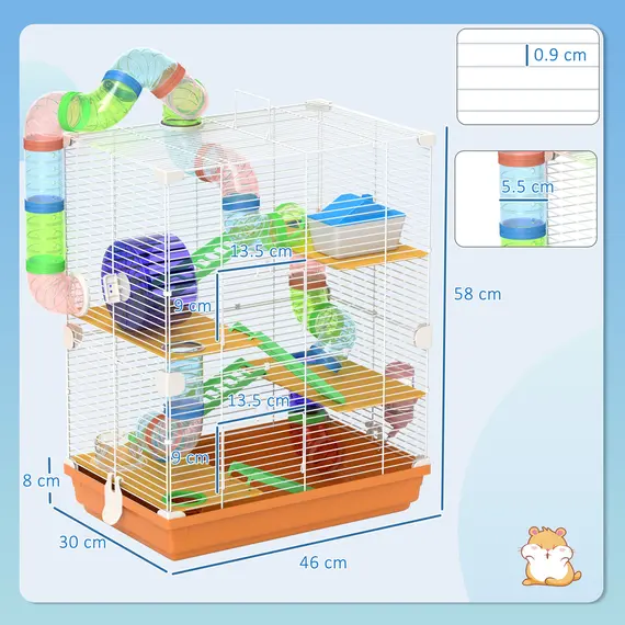 Buy 5 Tier Hamster Cage Carrier Habitat w/ Exercise Wheels, Tunnel, Orange, 3 image