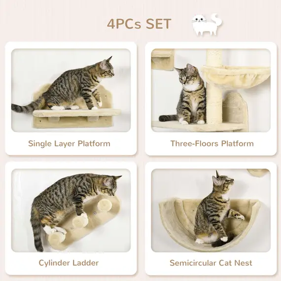 Buy 4PCs Wall-Mounted Cat Shelves w/ Scratching Post, Hammock, Nest - Beige, 5 image