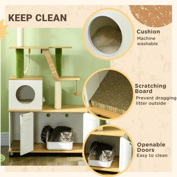 Buy 2-in-1 Hidden Cat Litter Box, Green Leaf Cat Tree, with House, Ladder, Scratching Posts, Platforms, Indoors -Oak, 6 image