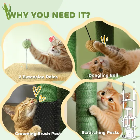 Buy 225-255cm Adjustable Floor to Ceiling Cat Tree, Tall Cat Tower for Indoor Cats w/ Scratching Posts, Green, 8 image