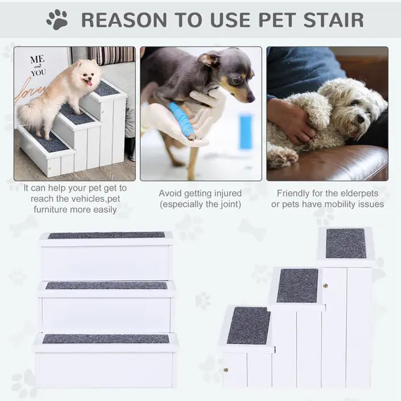 Buy 3 Step Wooden Dog Steps Pet Stairs for Dogs, Cat Ladder for Bed Couch with Storage White, 5 image