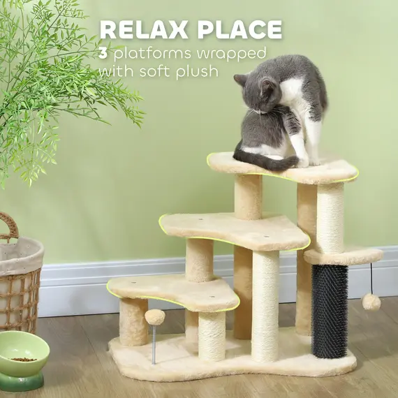 Buy 2-in-1 Cat Tree, Pet Stairs with Scratching Tickling Post, Toy Balls, for Bed, Sofa, Couch, Beige, 6 image
