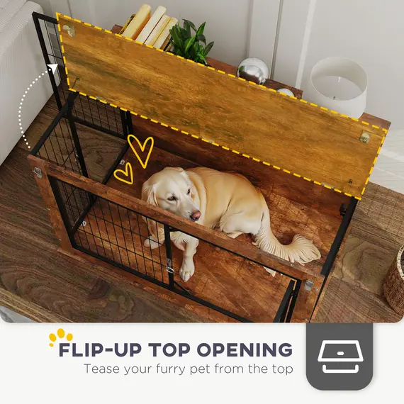 Buy Dog Crate Furniture with Flip-up Top, 2 Doors, for Large Dogs, 98 x 60 x 65.5cm, Rustic Brown, 5 image