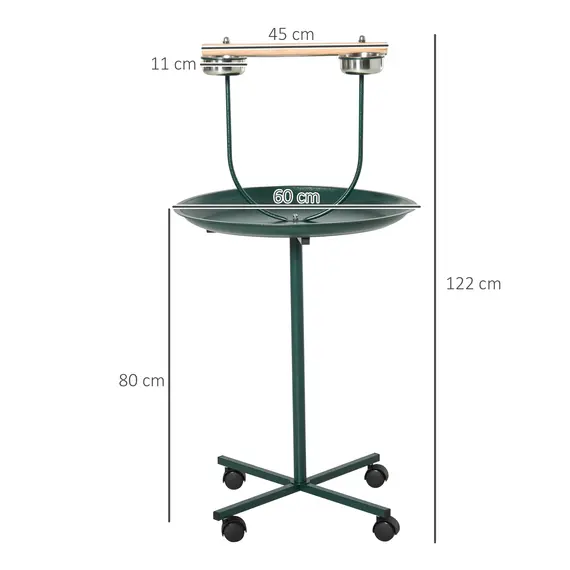 Buy Bird Perch Stand with Four Wheels, Feeding Bowls, for Small, Medium Birds, Green, 3 image