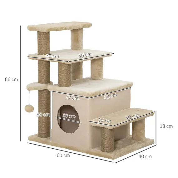 Buy Adjustable Cat Steps, with House & Hanging Toy Ball - Beige, 3 image