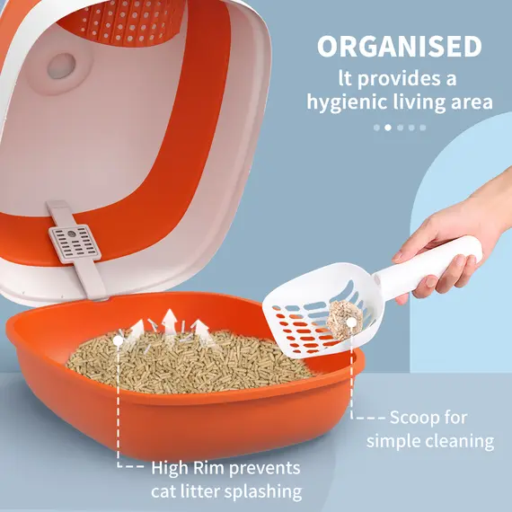 Buy Foldable Cat Litter Tray with Lid, Deodorant, Scoop, Orange, 5 image
