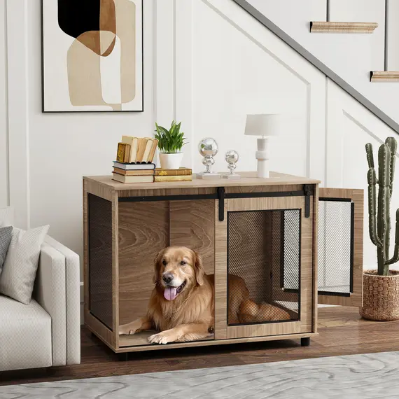 Buy Dog Crate Furniture with Sliding Door for Large Dogs, 98 x 60 x 78cm, Walnut Brown, 2 image