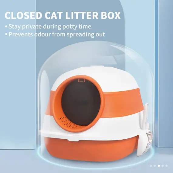 Buy Foldable Cat Litter Tray with Lid, Deodorant, Scoop, Orange, 6 image