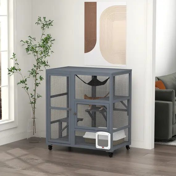 Buy Cat House, Wooden Outdoor Catio Cat Enclosure on Wheels, Wooden Kitty Cage with Platforms, Hammock, Light Grey, 2 image
