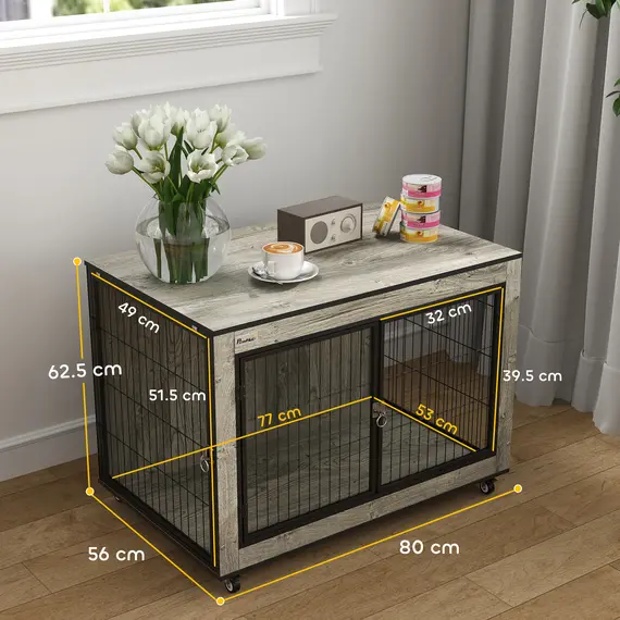 Buy Dog Crate Furniture with Wheels, Double Doors, for Medium Dogs, 80 x 56 x 62.5cm, Grey, 3 image