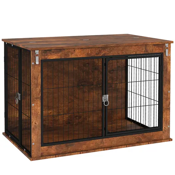 Buy Dog Crate Furniture with Flip-up Top, 2 Doors, for Large Dogs, 98 x 60 x 65.5cm, Rustic Brown