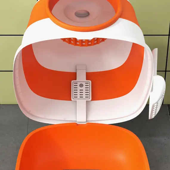 Buy Foldable Cat Litter Tray with Lid, Deodorant, Scoop, Orange, 9 image