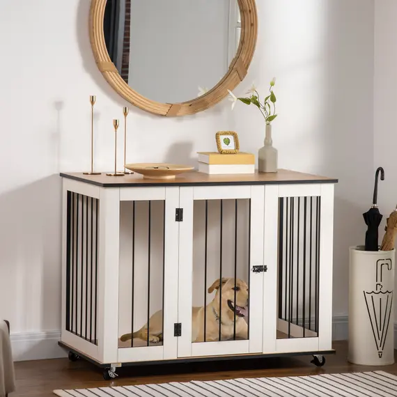 Buy Dog Crate Furniture, Dog Cage End Table with Wheels, Lockable Door, for Medium Dogs, 106 x 60 x 82 cm - White, 2 image