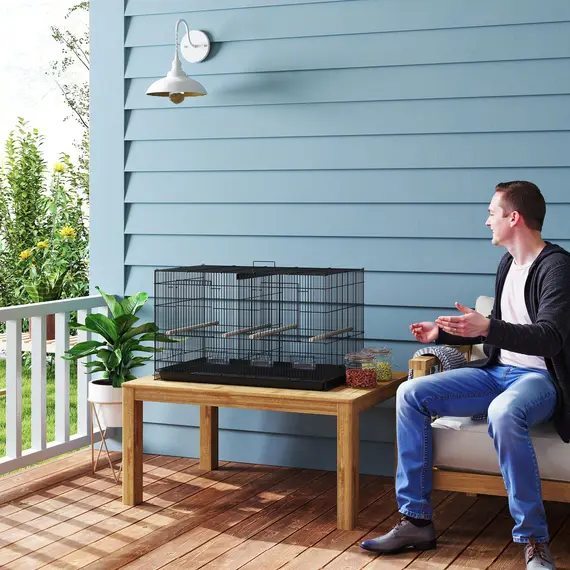 Buy Bird Cage with Divider, 4 Wooden Perches, Slide Out Tray, 4 Feeders, for Budgie, Lovebird, Canary, 76 x 46 x 46cm, Black, 9 image