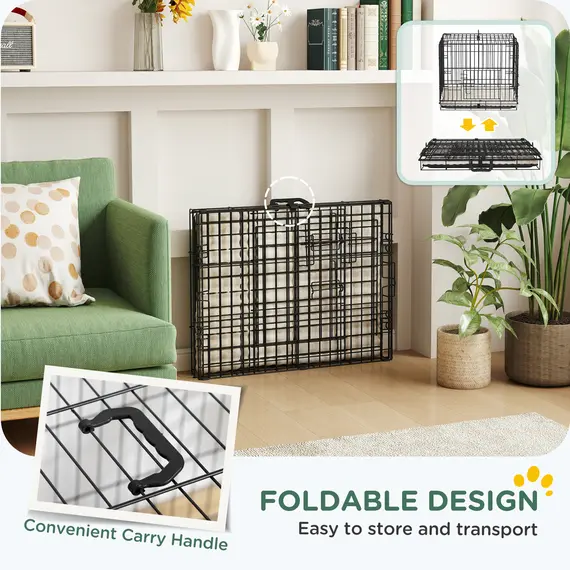 Buy Foldable Dog Crate with Two Doors with Tray, Soft Cushion, for Extra Small Dogs, 60 x 40 x 50, Black, 7 image