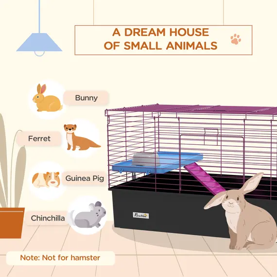 Buy Chinchillas Small Rabbit Guinea Pig Small Animal Cage, Pet Playhouse, with Platform, Ramp, 99 x 52 x 53cm, Black, 4 image