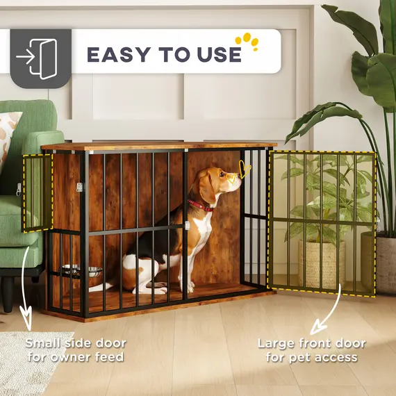 Buy Corner Dog Crate Furniture with 2 Bowls, Lockable Doors, for Small Medium Dogs, Rustic Brown, 6 image