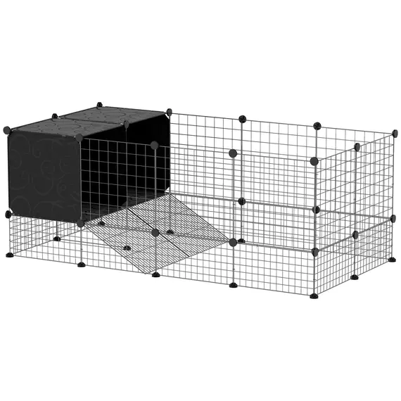 Buy DIY Small Animal Cage with Elevated Huts, C&C Cage for Guinea Pigs, Hedgehogs, Rabbits, 31 Panels, Black