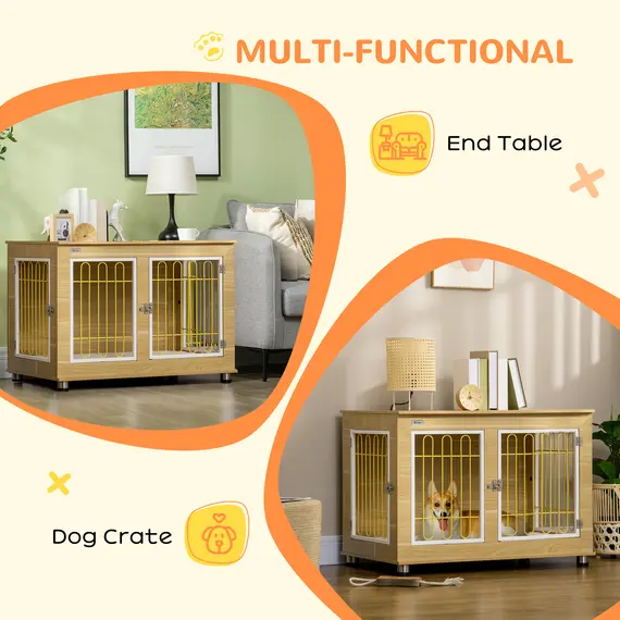 Buy Dog Crate Furniture, Dog Cage End Table. with Soft Cushion, Double Door - Oak Tone, 5 image