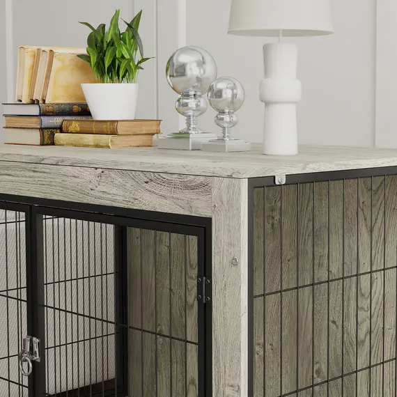 Buy Dog Crate Furniture with Wheels, Double Doors, for Large Dogs, 100 x 60 x 73.5cm, Grey, 9 image