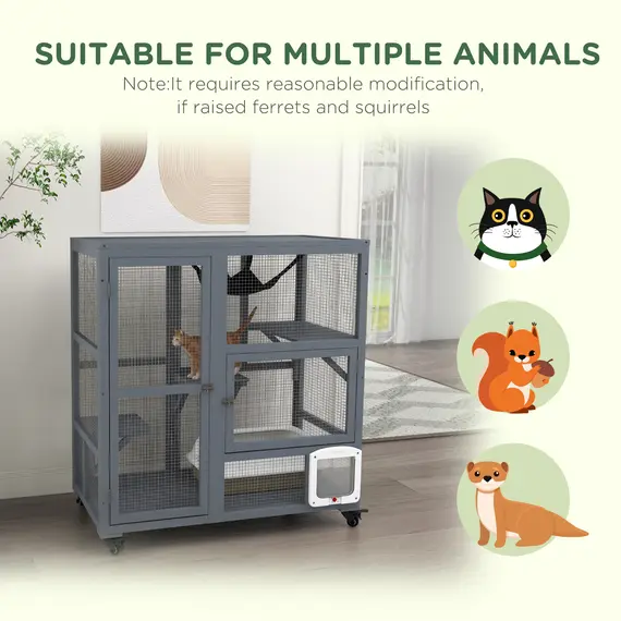 Buy Cat House, Wooden Outdoor Catio Cat Enclosure on Wheels, Wooden Kitty Cage with Platforms, Hammock, Light Grey, 8 image