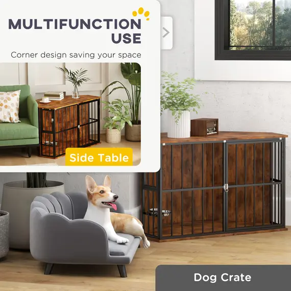 Buy Corner Dog Crate Furniture with 2 Bowls, Lockable Doors, for Small Medium Dogs, Rustic Brown, 4 image