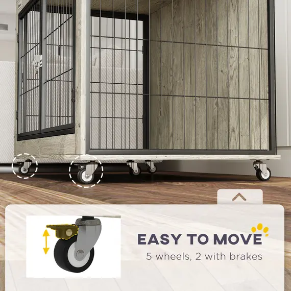 Buy Dog Crate Furniture with Wheels, Double Doors, for Large Dogs, 100 x 60 x 73.5cm, Grey, 6 image