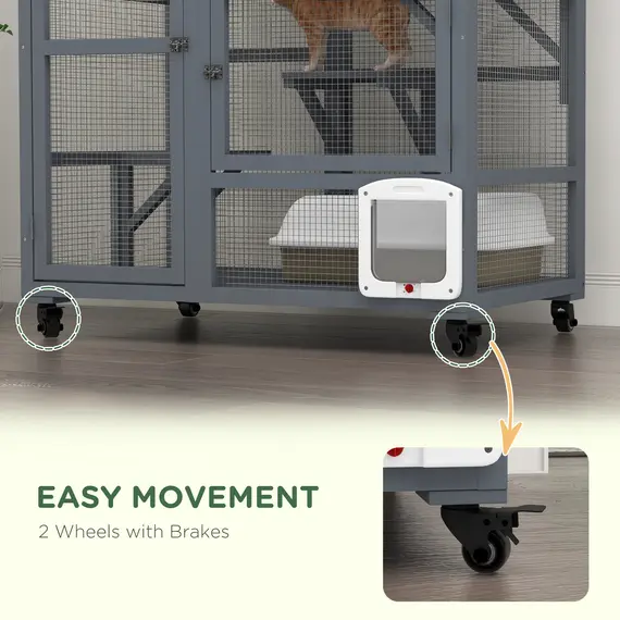 Buy Cat House, Wooden Outdoor Catio Cat Enclosure on Wheels, Wooden Kitty Cage with Platforms, Hammock, Light Grey, 5 image