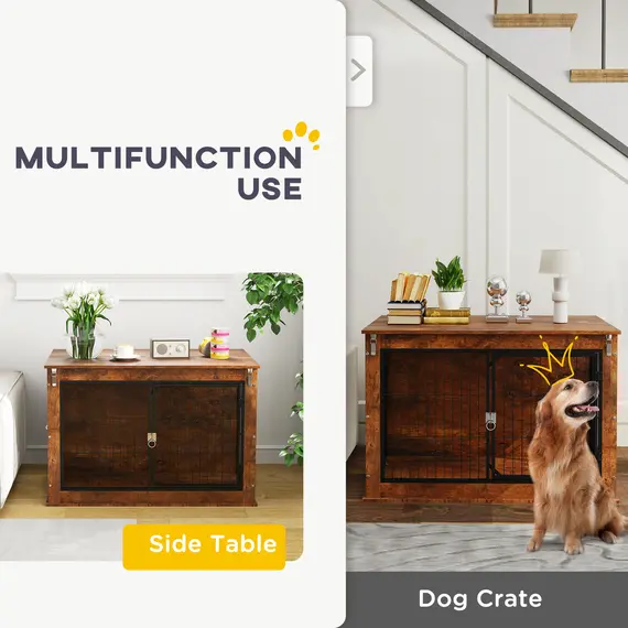 Buy Dog Crate Furniture with Flip-up Top, 2 Doors, for Large Dogs, 98 x 60 x 65.5cm, Rustic Brown, 4 image
