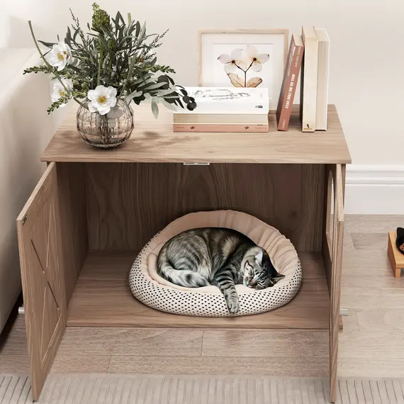 Buy Cat Litter Box Enclosure with Double Doors and Side Entrance, Non-Slip Pads for Living Room, Walnut Brown, 8 image