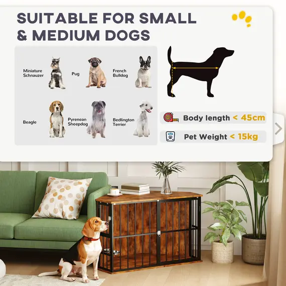 Buy Corner Dog Crate Furniture with 2 Bowls, Lockable Doors, for Small Medium Dogs, Rustic Brown, 9 image