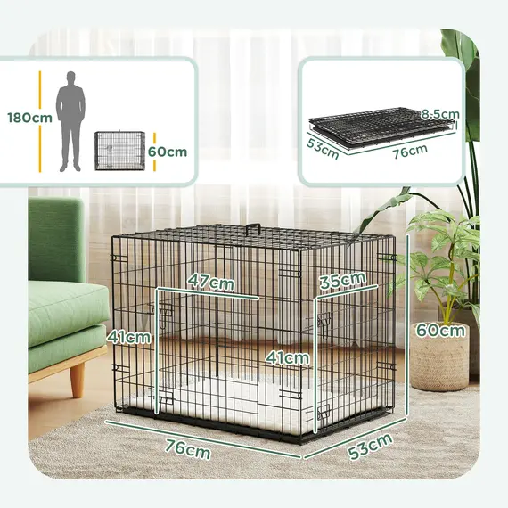 Buy Foldable Dog Crate with 2 Doors with Tray, Soft Cushion, for Small Dogs, 76 x 53 x 60, Black, 3 image