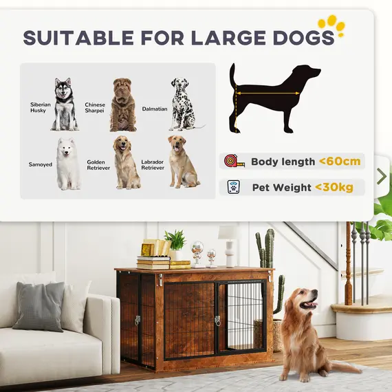Buy Dog Crate Furniture with Flip-up Top, 2 Doors, for Large Dogs, 98 x 60 x 65.5cm, Rustic Brown, 9 image