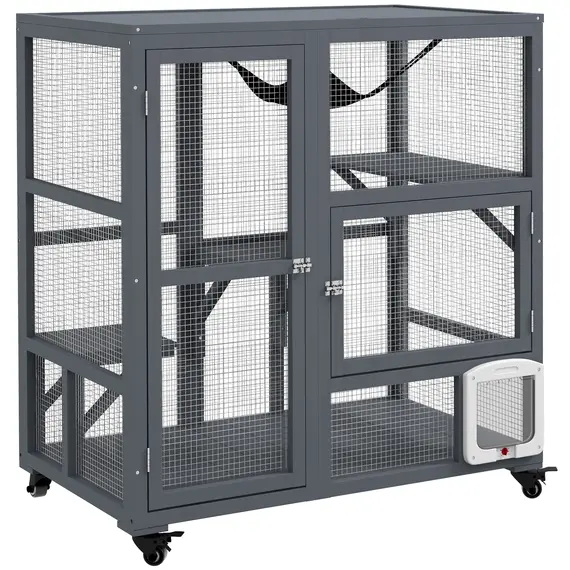 Buy Cat House, Wooden Outdoor Catio Cat Enclosure on Wheels, Wooden Kitty Cage with Platforms, Hammock, Light Grey