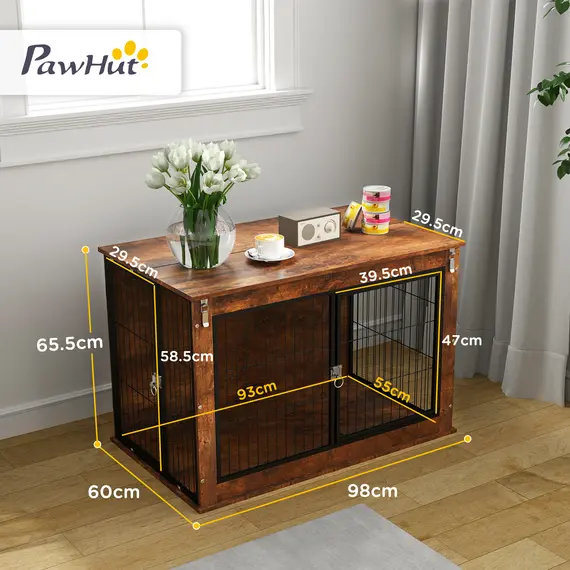 Buy Dog Crate Furniture with Flip-up Top, 2 Doors, for Large Dogs, 98 x 60 x 65.5cm, Rustic Brown, 3 image