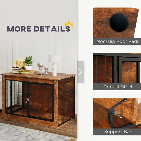 Buy Dog Crate Furniture with Flip-up Top, 2 Doors, for Large Dogs, 98 x 60 x 65.5cm, Rustic Brown, 7 image
