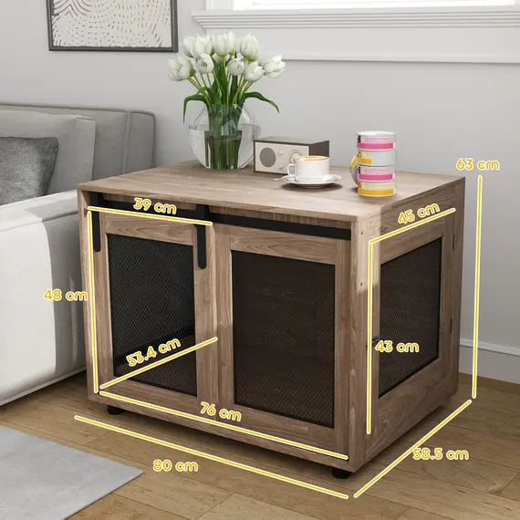 Buy Dog Crate Furniture with Sliding Door for Medium Dogs, 80 x 58.5 x 63cm, Walnut Brown, 3 image