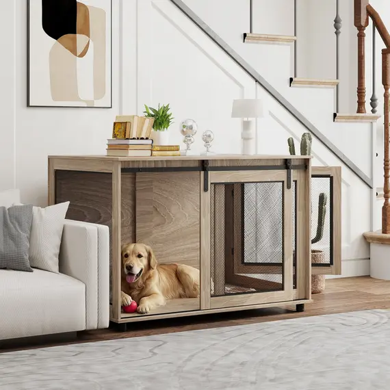 Buy Dog Crate Furniture with Sliding Door for Extra Large Dogs, 118 x 75.5 x 82cm, Walnut Brown, 2 image