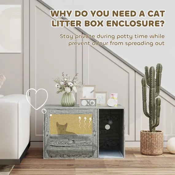 Buy Boho Style Cat Litter Box Enclosure with Rattan Door, Scratching Mat, Toy Ball, Non-slip Foot Pads, 80 x 50 x 50cm, Grey, 5 image