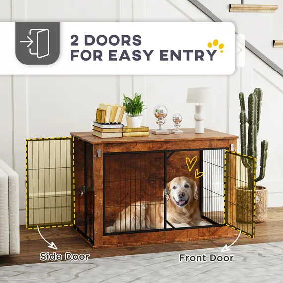 Buy Dog Crate Furniture with Flip-up Top, 2 Doors, for Large Dogs, 98 x 60 x 65.5cm, Rustic Brown, 6 image